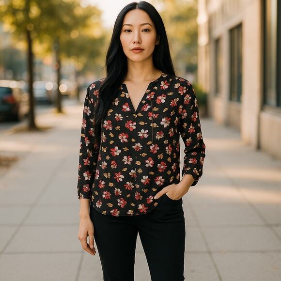 Pleione 3/4 V-Neck Black Floral Blouse Size M 6-10 - Picture 1 of 7